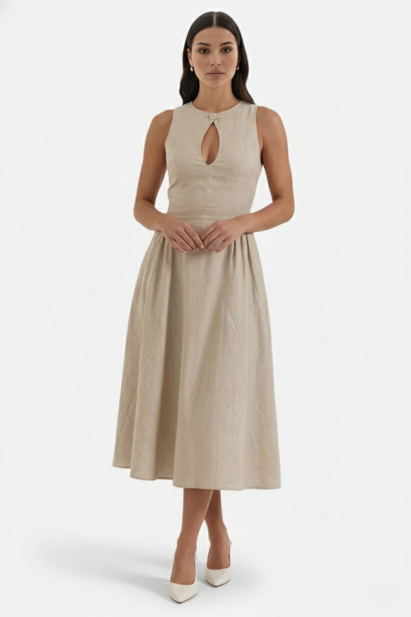 Summer Linen Midi Dress with Keyhole Neckline Fit and Flare - Siopie