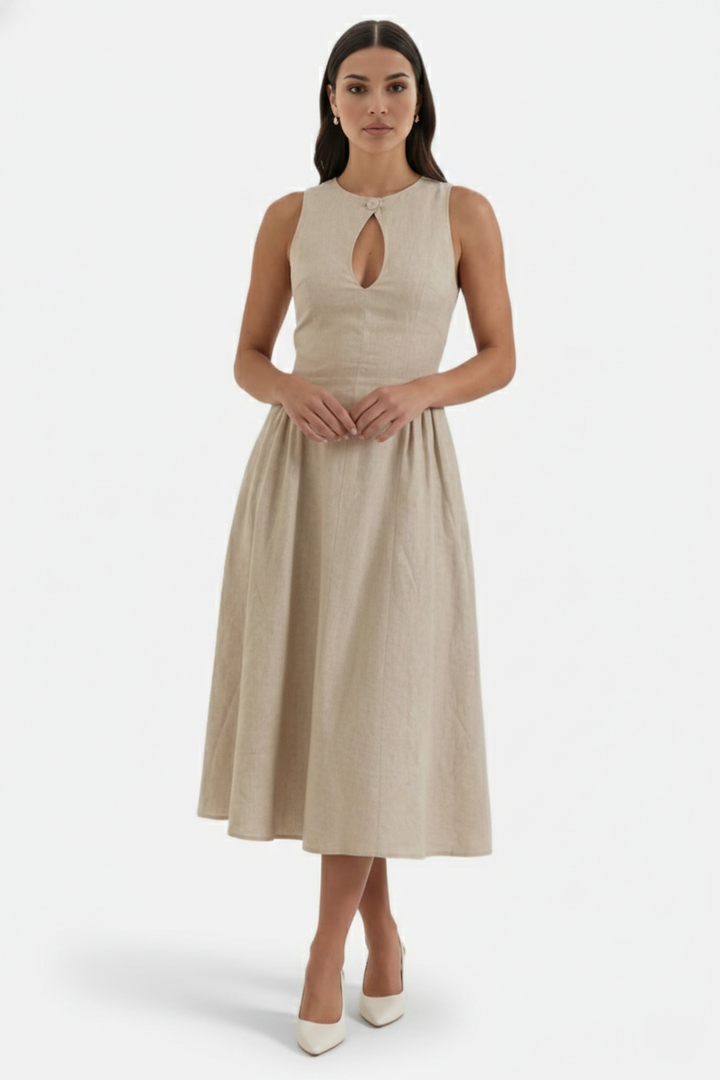 Summer Linen Midi Dress with Keyhole Neckline Fit and Flare - Siopie