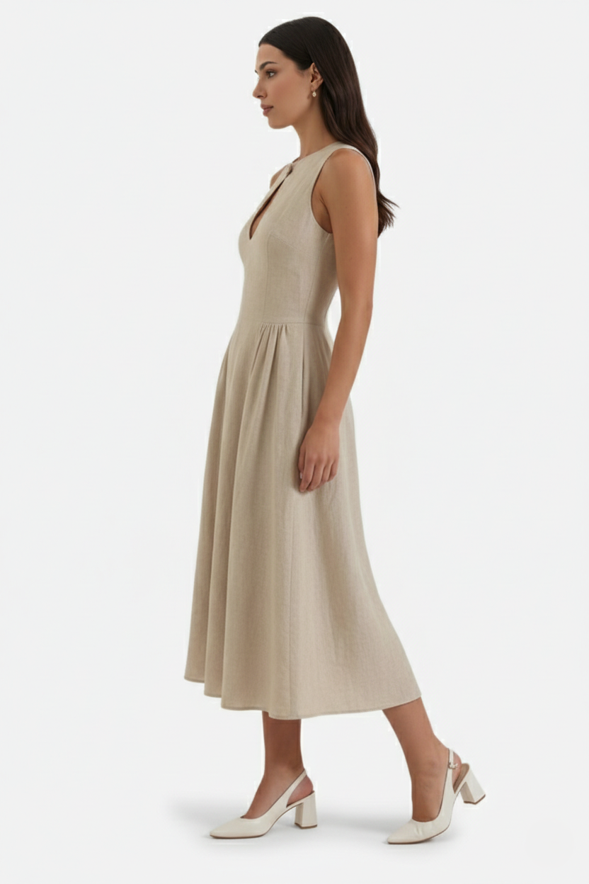 Summer Linen Midi Dress with Keyhole Neckline Fit and Flare - Siopie