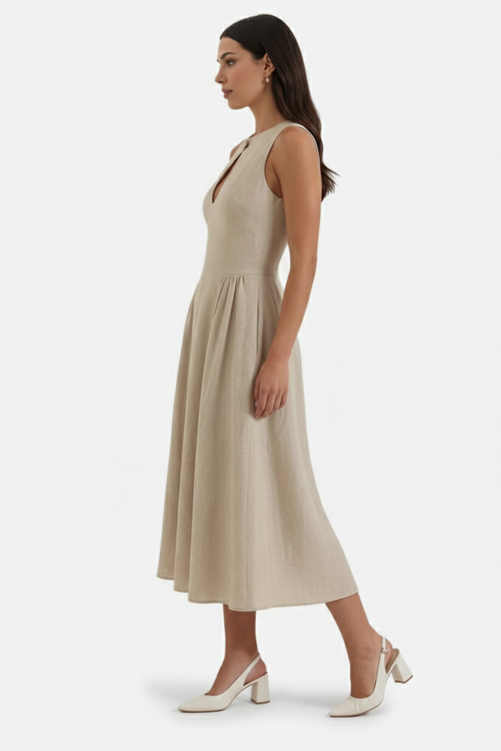 Summer Linen Midi Dress with Keyhole Neckline Fit and Flare - Siopie