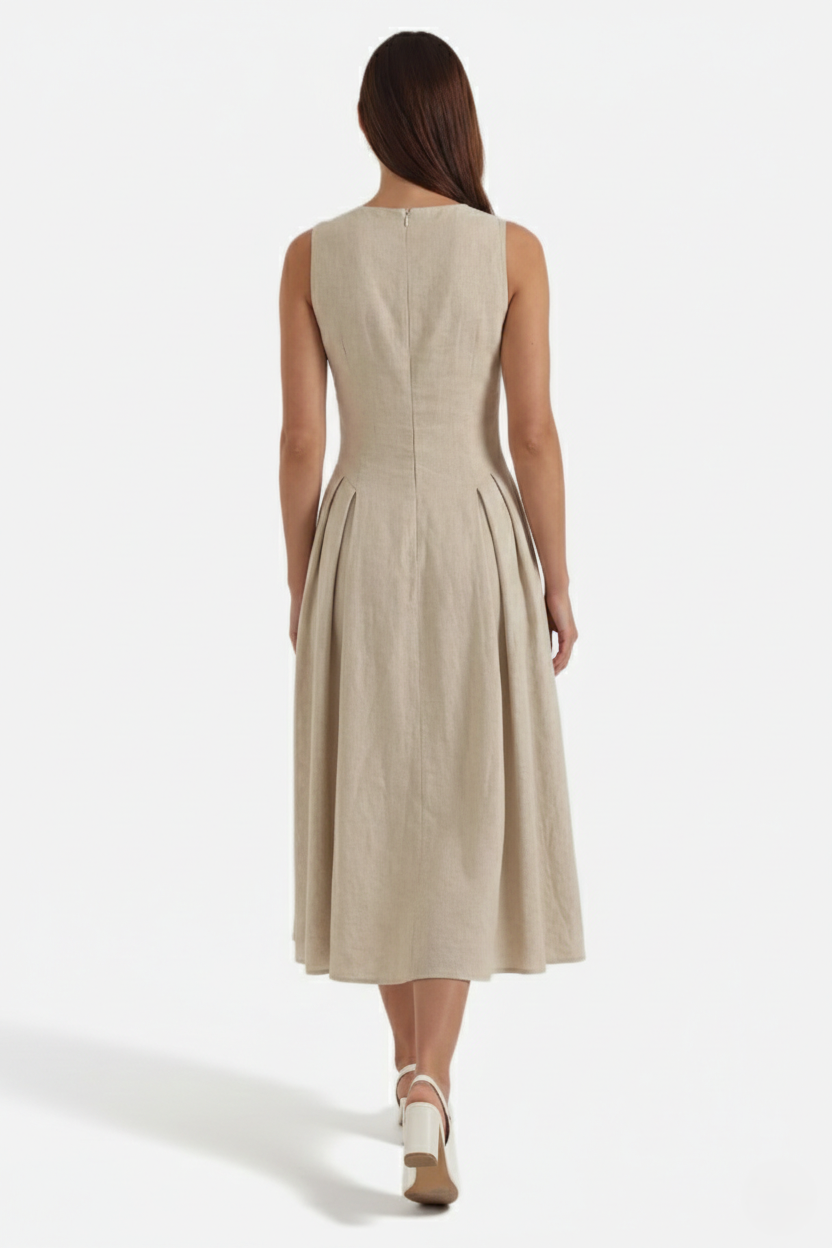 Summer Linen Midi Dress with Keyhole Neckline Fit and Flare - Siopie