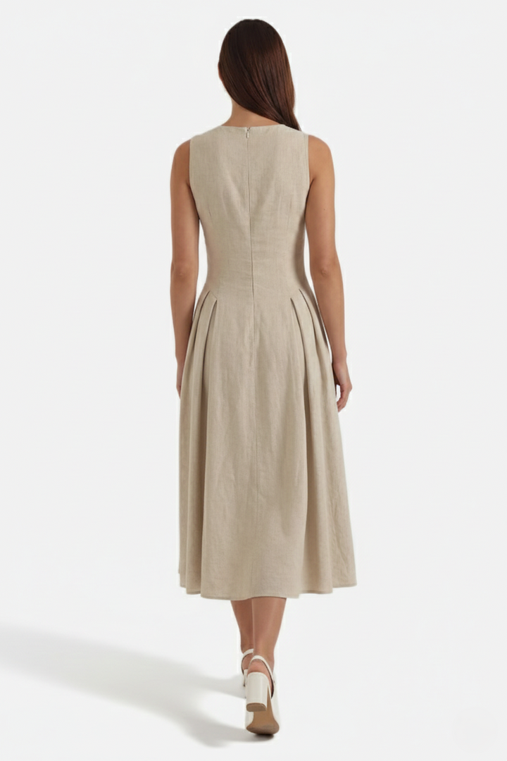 Summer Linen Midi Dress with Keyhole Neckline Fit and Flare - Siopie