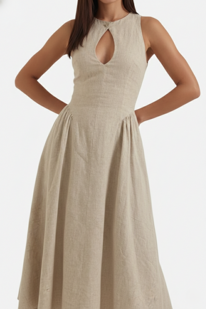 Summer Linen Midi Dress with Keyhole Neckline Fit and Flare - Siopie