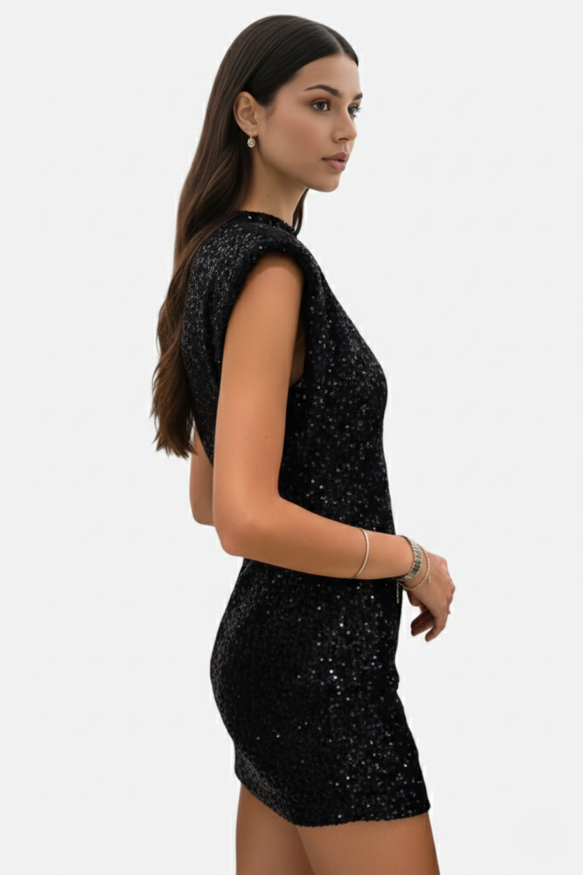All-Over Sequin Women's High Neck Mini Dress with Structured Shoulders - Siopie
