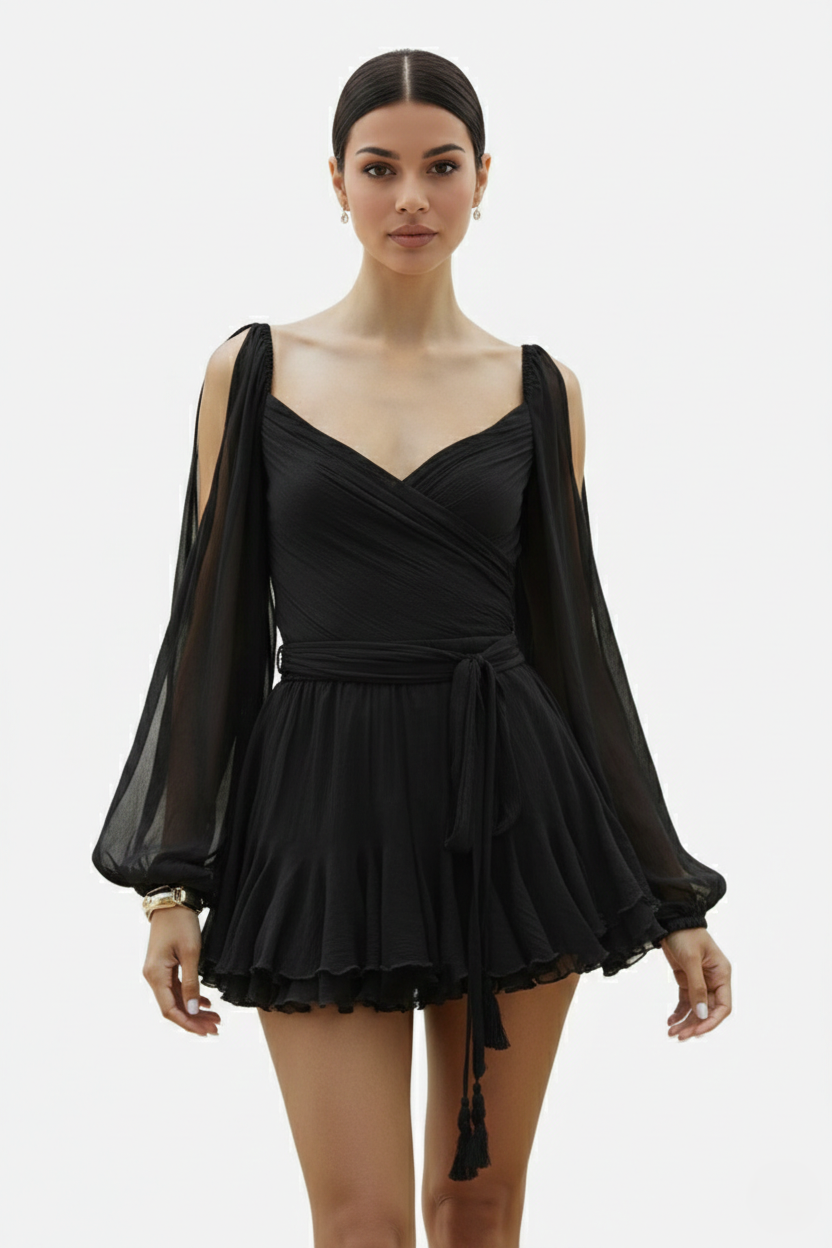 Chiffon Puff Sleeve Lace-Up Back Ruffle Mini Dress - Siopie