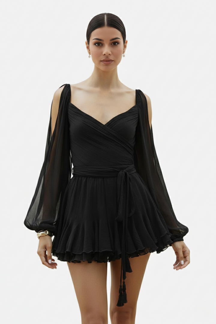Chiffon Puff Sleeve Lace-Up Back Ruffle Mini Dress - Siopie