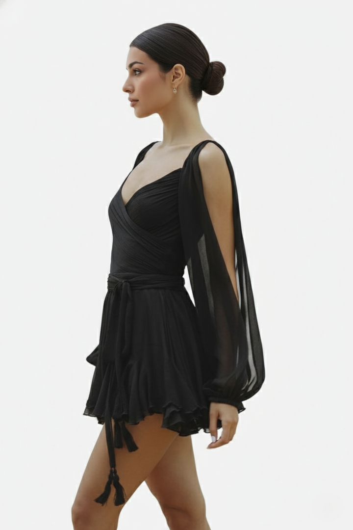 Chiffon Puff Sleeve Lace-Up Back Ruffle Mini Dress - Siopie