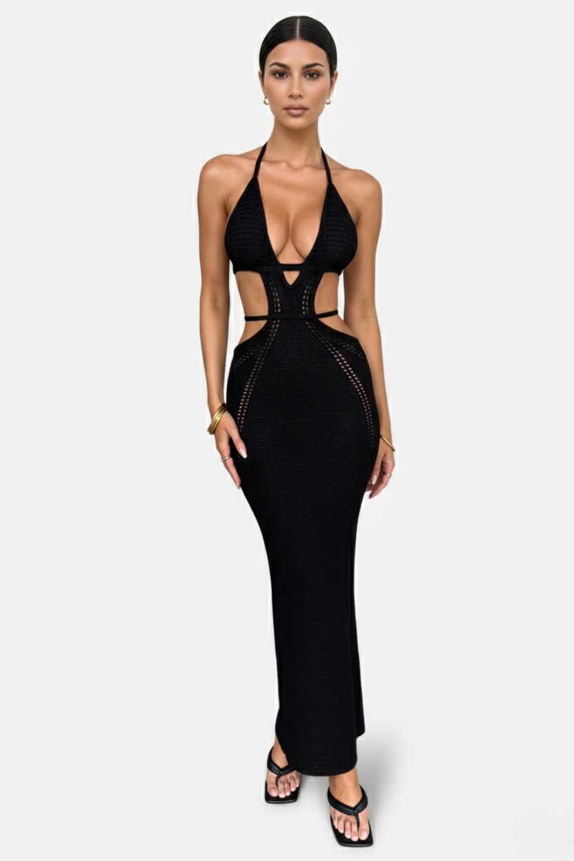 Crochet Cutout Halter Neck Backless Bodycon Maxi Dress  - Siopie