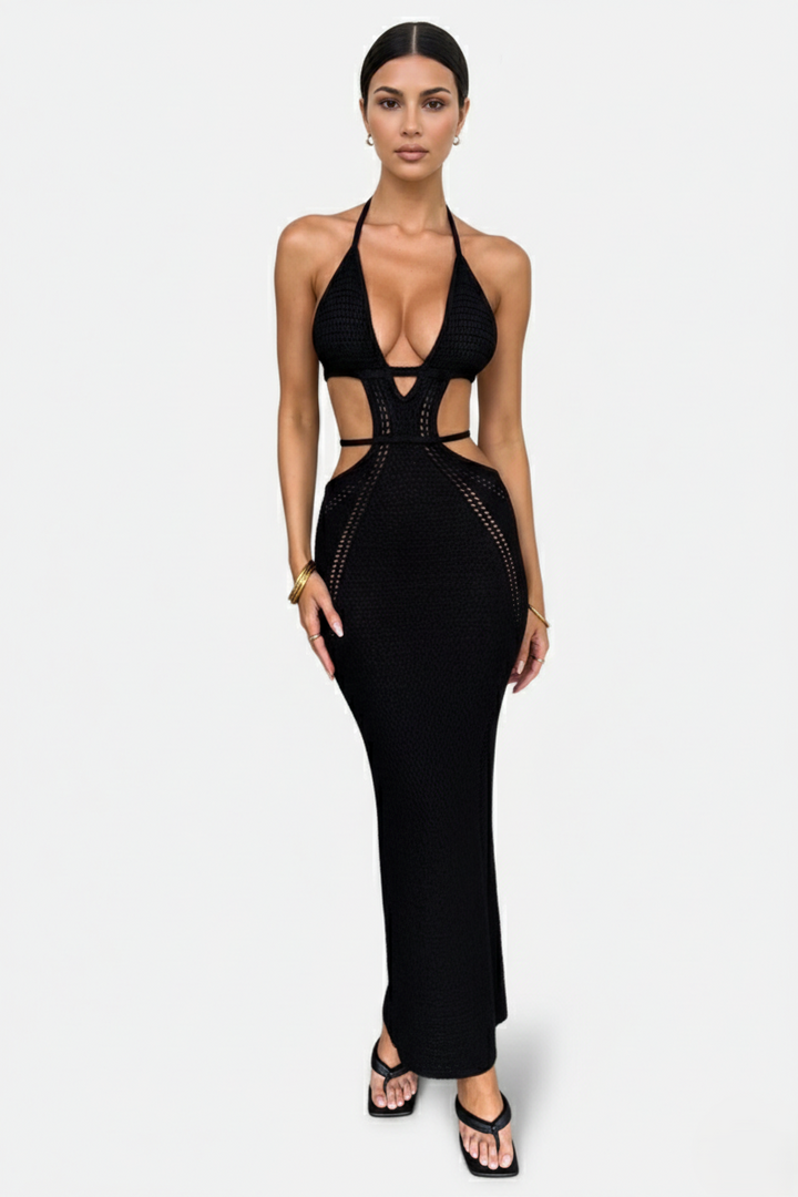 Crochet Cutout Halter Neck Backless Bodycon Maxi Dress  - Siopie