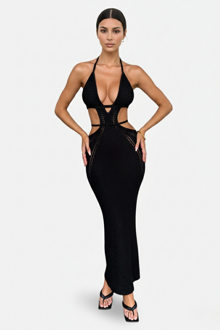 Crochet Cutout Halter Neck Backless Bodycon Maxi Dress  - Siopie