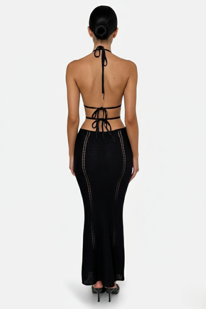 Crochet Cutout Halter Neck Backless Bodycon Maxi Dress  - Siopie