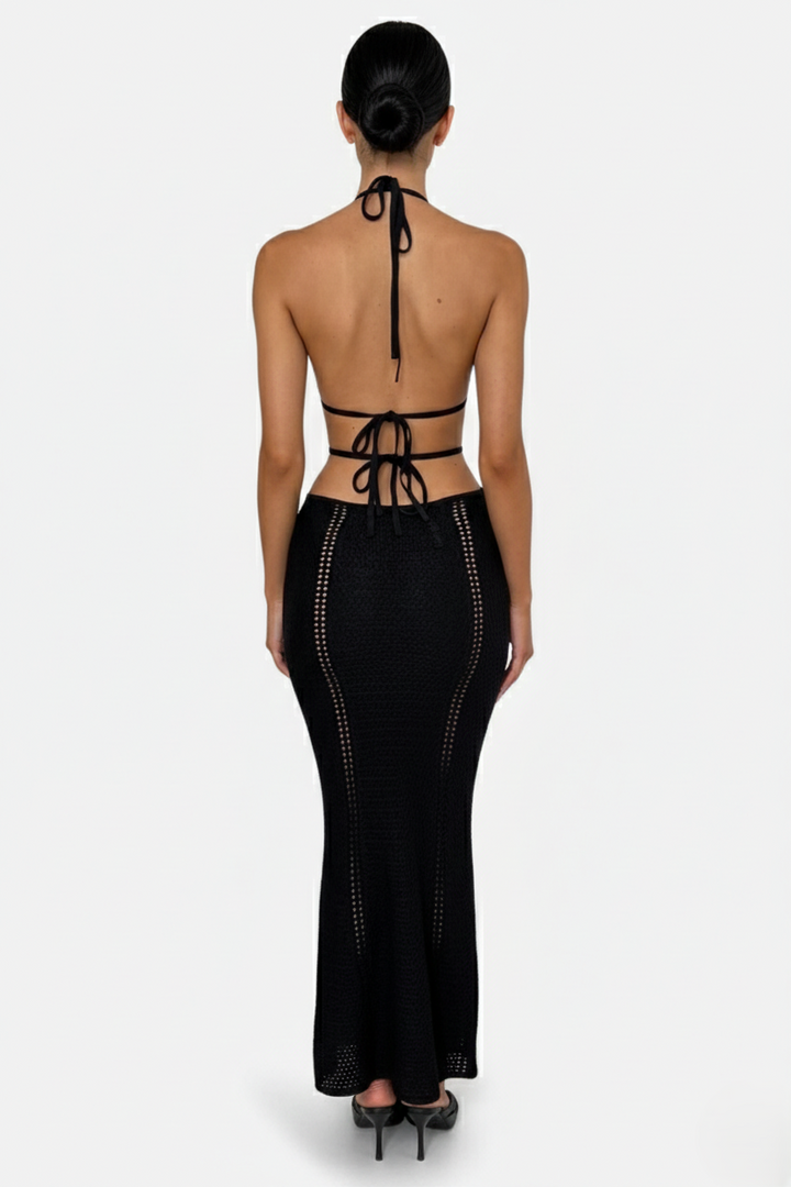 Crochet Cutout Halter Neck Backless Bodycon Maxi Dress  - Siopie