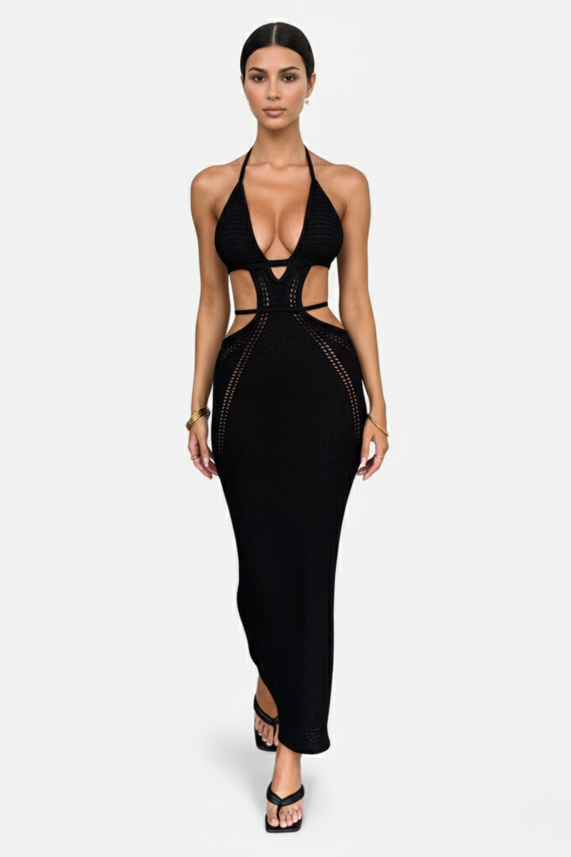 Crochet Cutout Halter Neck Backless Bodycon Maxi Dress  - Siopie