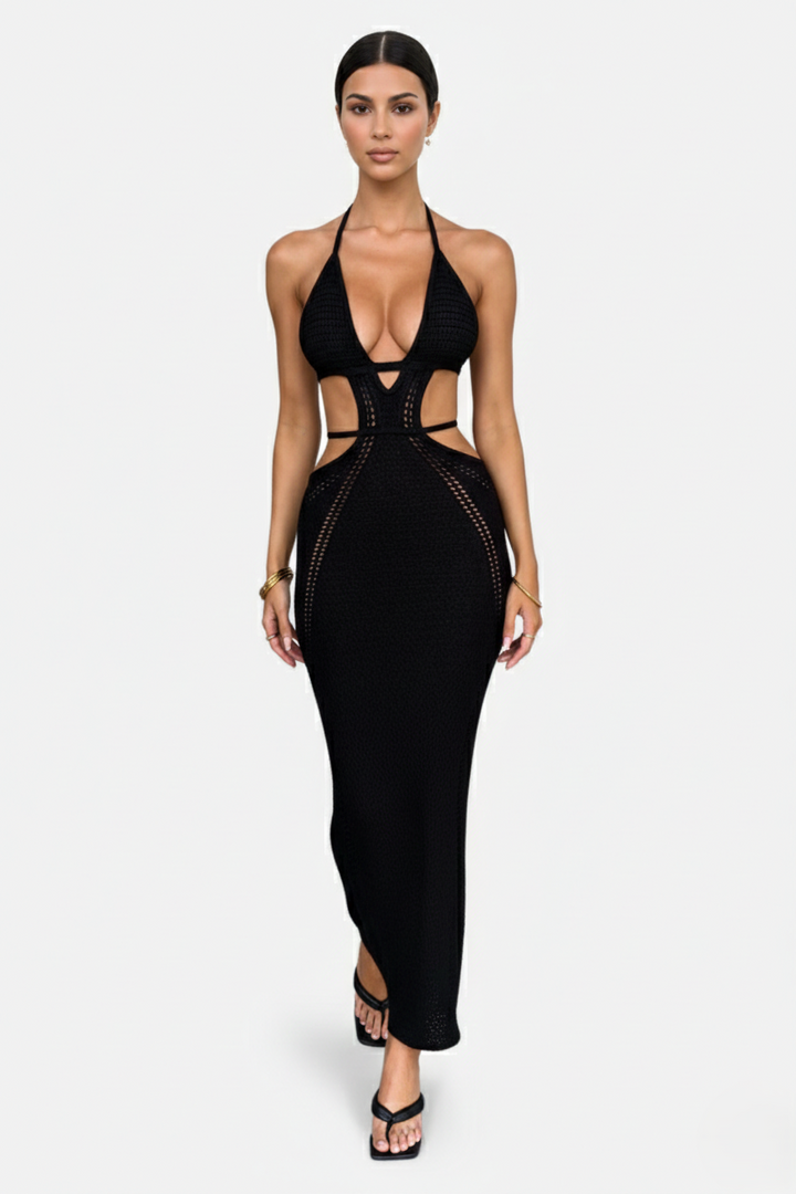 Crochet Cutout Halter Neck Backless Bodycon Maxi Dress  - Siopie