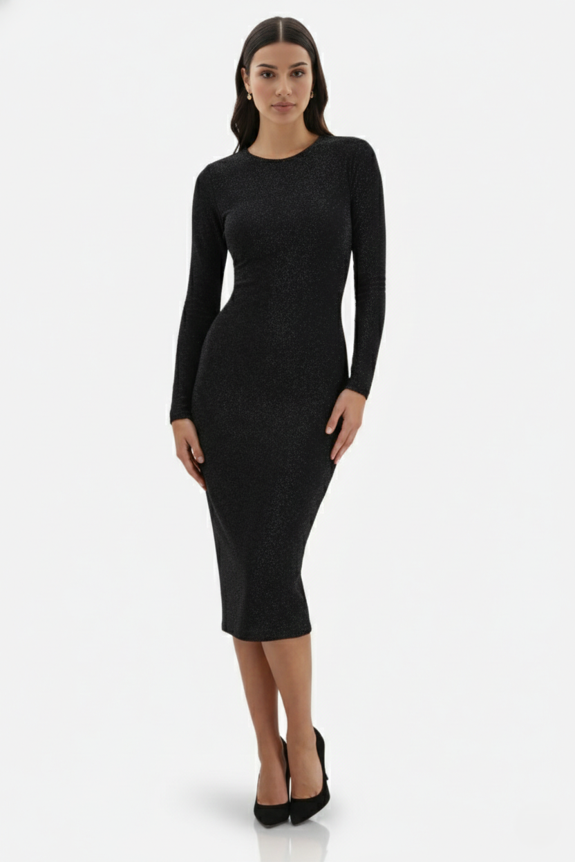 Glitter Long Sleeve Bodycon Midi Dress - Siopie