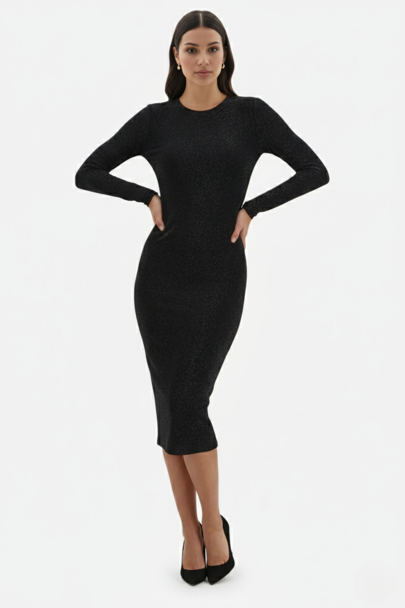 Glitter Long Sleeve Bodycon Midi Dress - Siopie