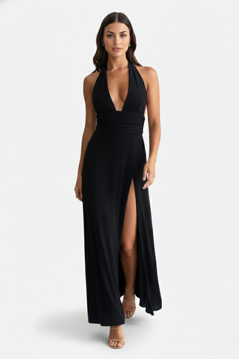 Halter V-Neck Cross Back Bow Tie High Thigh Slit Maxi Dress - Siopie