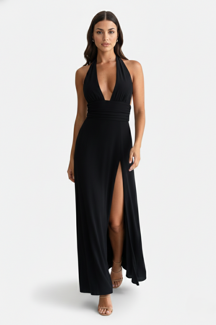 Halter V-Neck Cross Back Bow Tie High Thigh Slit Maxi Dress - Siopie