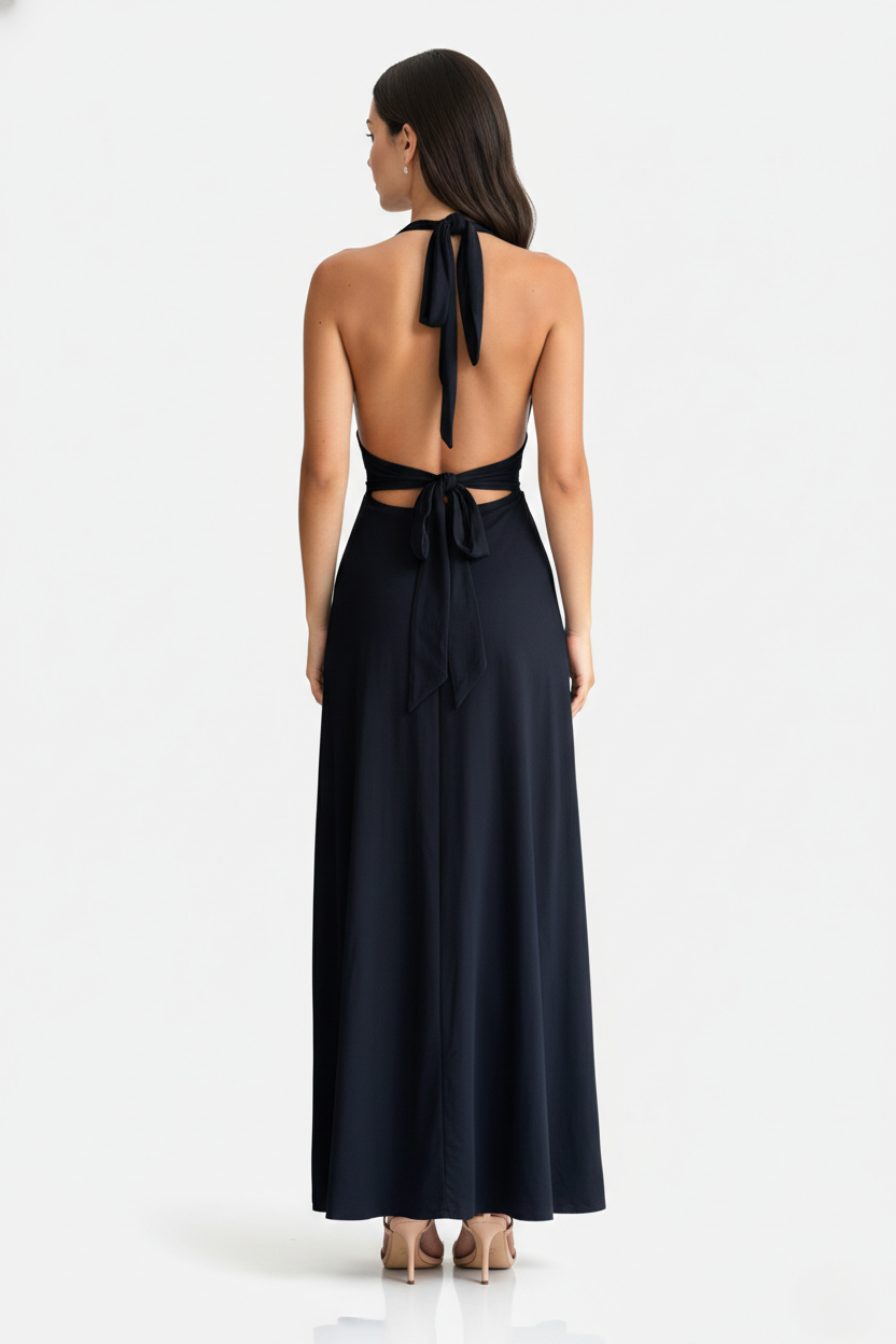 Halter V-Neck Cross Back Bow Tie High Thigh Slit Maxi Dress - Siopie