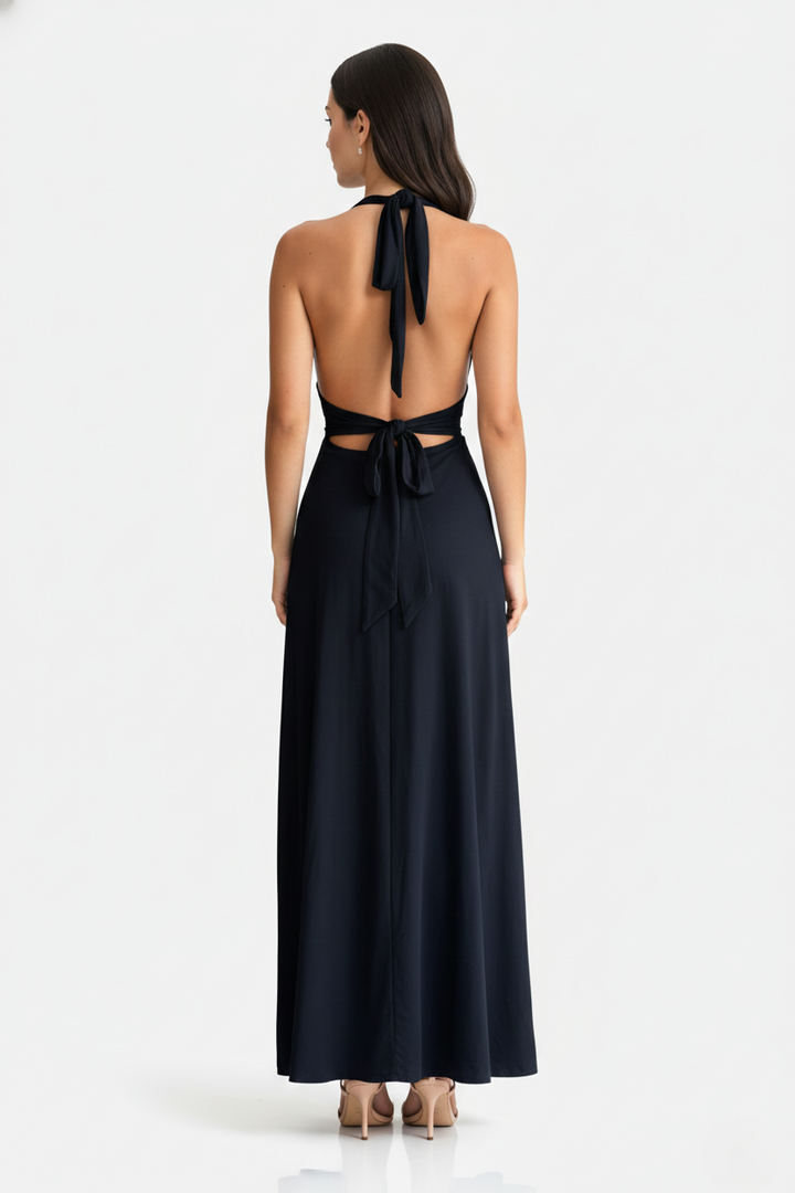 Halter V-Neck Cross Back Bow Tie High Thigh Slit Maxi Dress - Siopie
