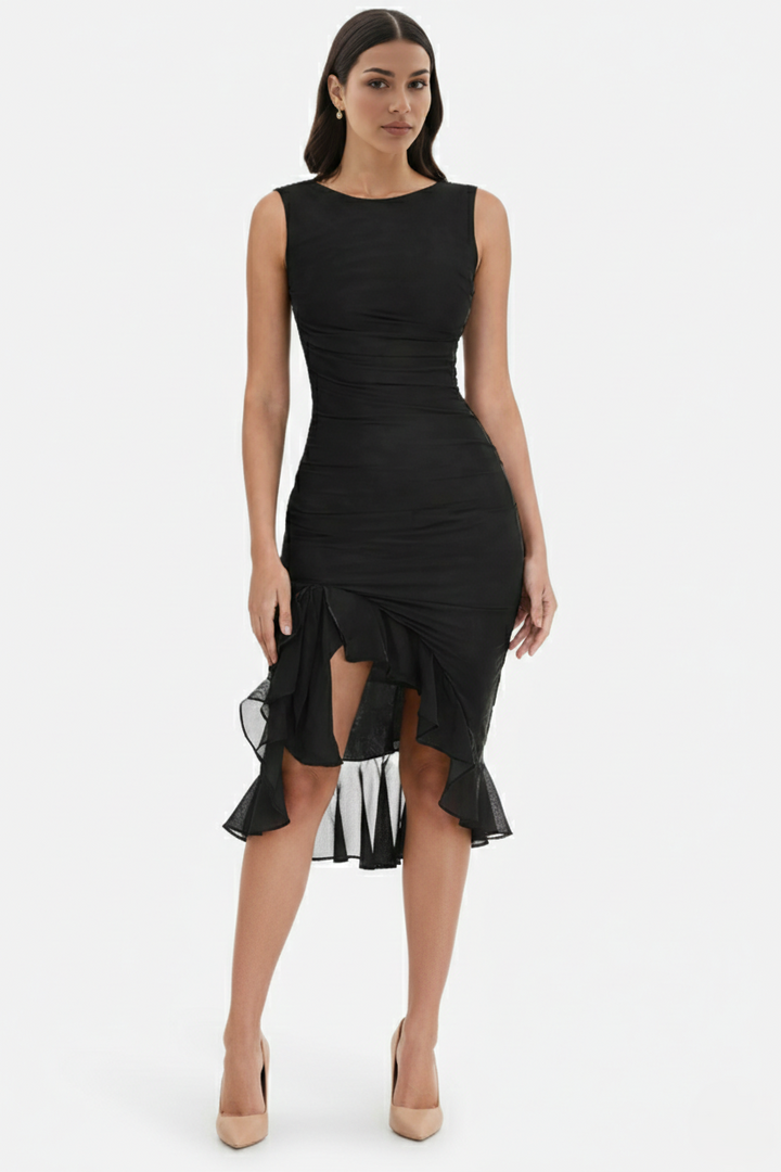 Ruched Sleeveless Bodycon Midi Dress Ruffle Side Slit - Siopie
