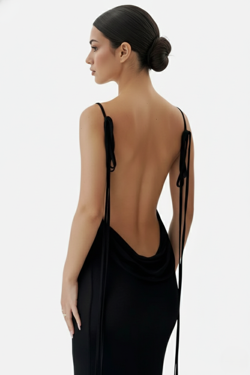 Spaghetti Strap Backless Maxi Dress Long Tie Back - Siopie