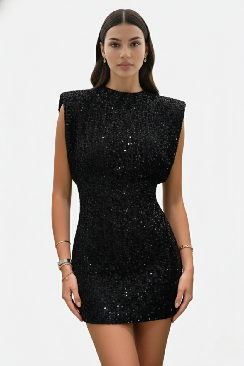 All-Over Sequin Women's High Neck Mini Dress with Structured Shoulders - Siopie