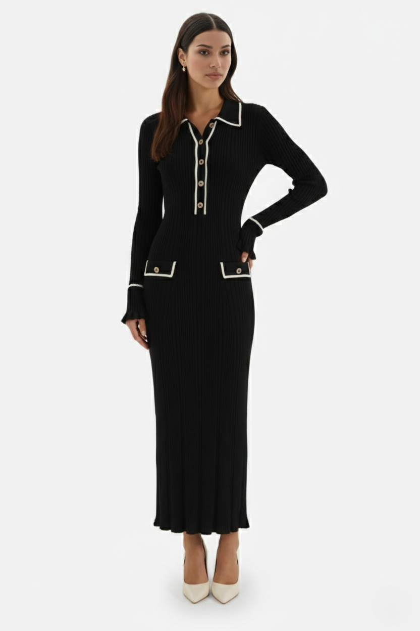 Knitted Polo Maxi Dress with Contrast Trim and Long Sleeves - Siopie