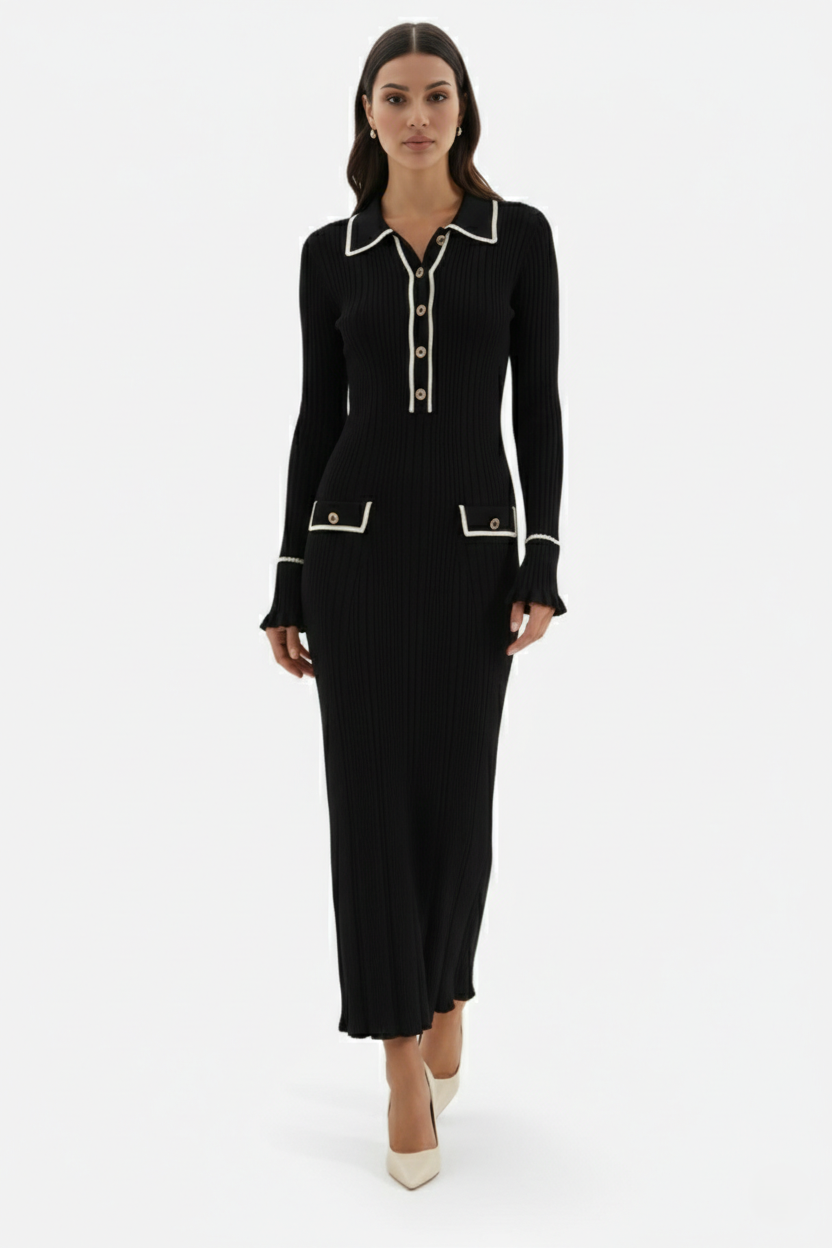 Knitted Polo Maxi Dress with Contrast Trim and Long Sleeves - Siopie