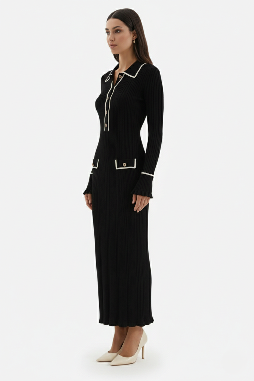 Knitted Polo Maxi Dress with Contrast Trim and Long Sleeves - Siopie