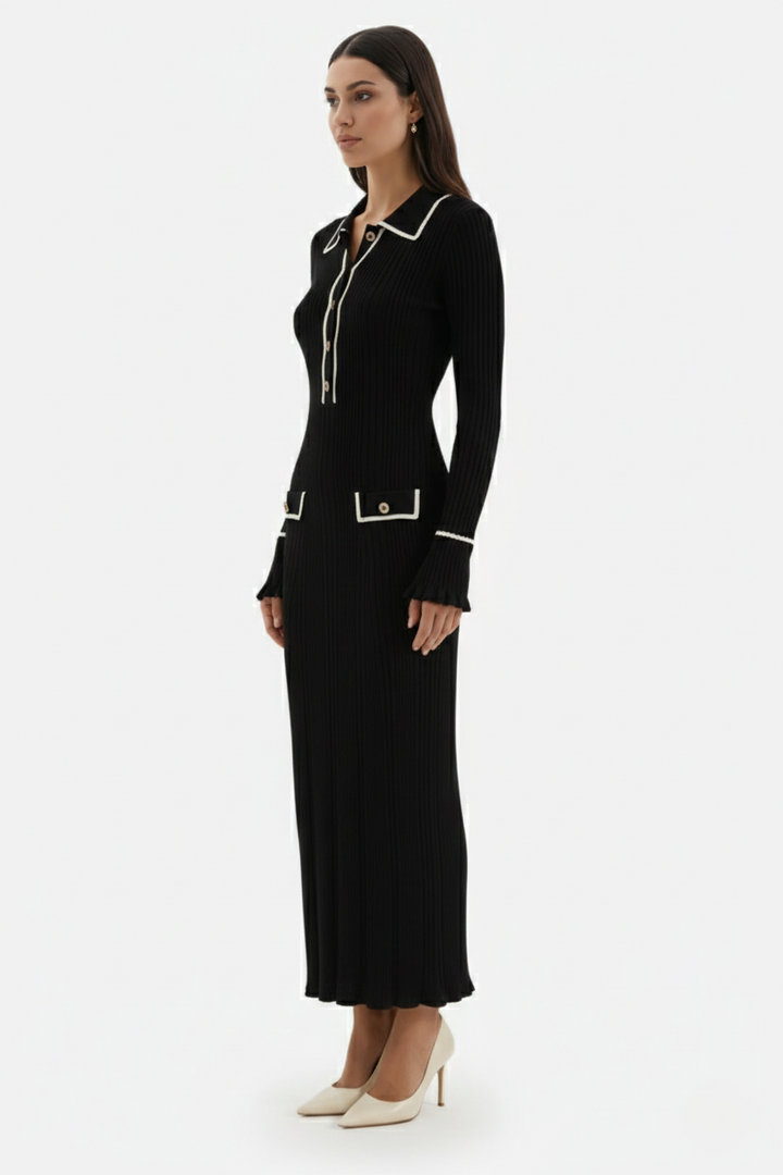 Knitted Polo Maxi Dress with Contrast Trim and Long Sleeves - Siopie