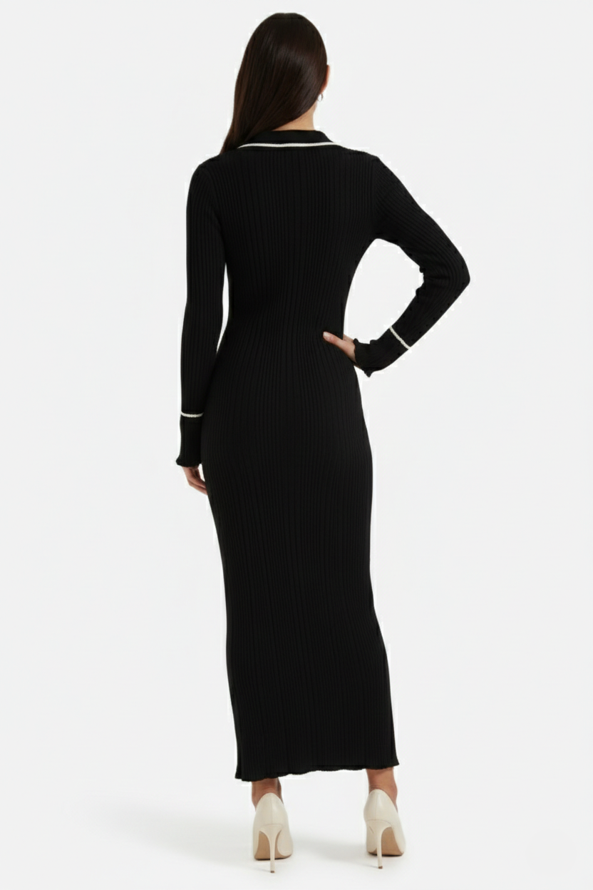Knitted Polo Maxi Dress with Contrast Trim and Long Sleeves - Siopie
