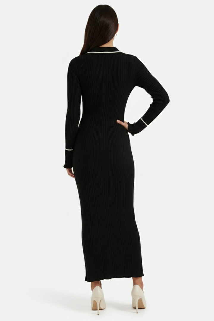 Knitted Polo Maxi Dress with Contrast Trim and Long Sleeves - Siopie