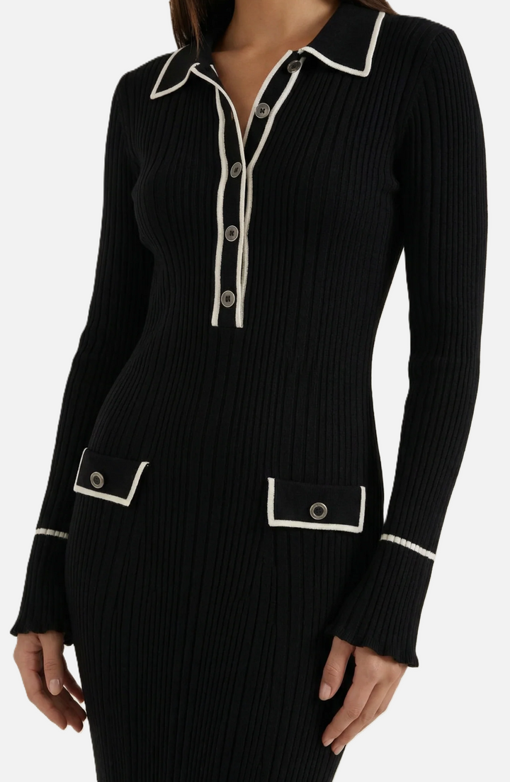Knitted Polo Maxi Dress with Contrast Trim and Long Sleeves - Siopie