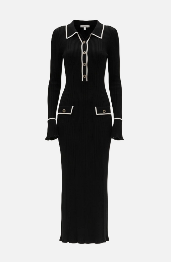 Knitted Polo Maxi Dress with Contrast Trim and Long Sleeves - Siopie