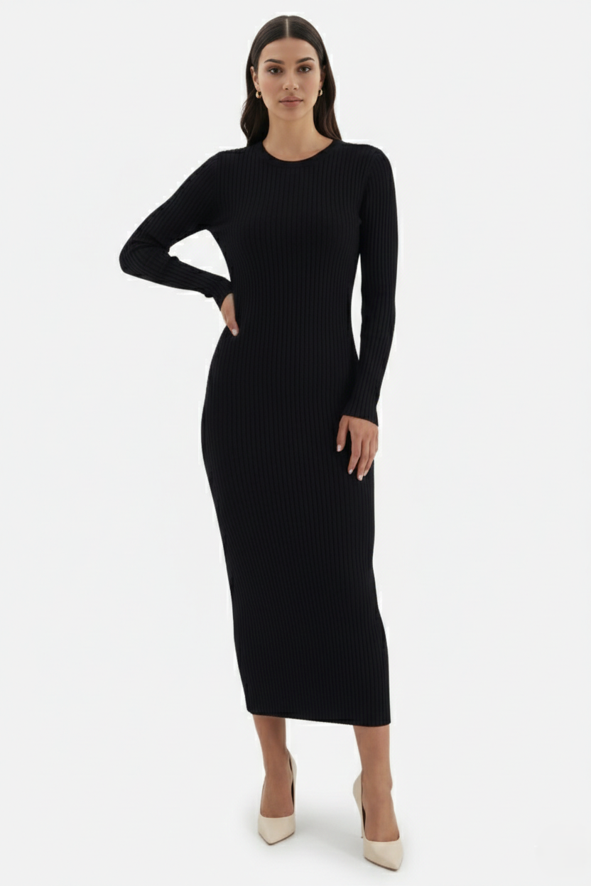 Bodycon Sweater Midi Dress Ribbed Knit Long Sleeve Crew Neck - Siopie
