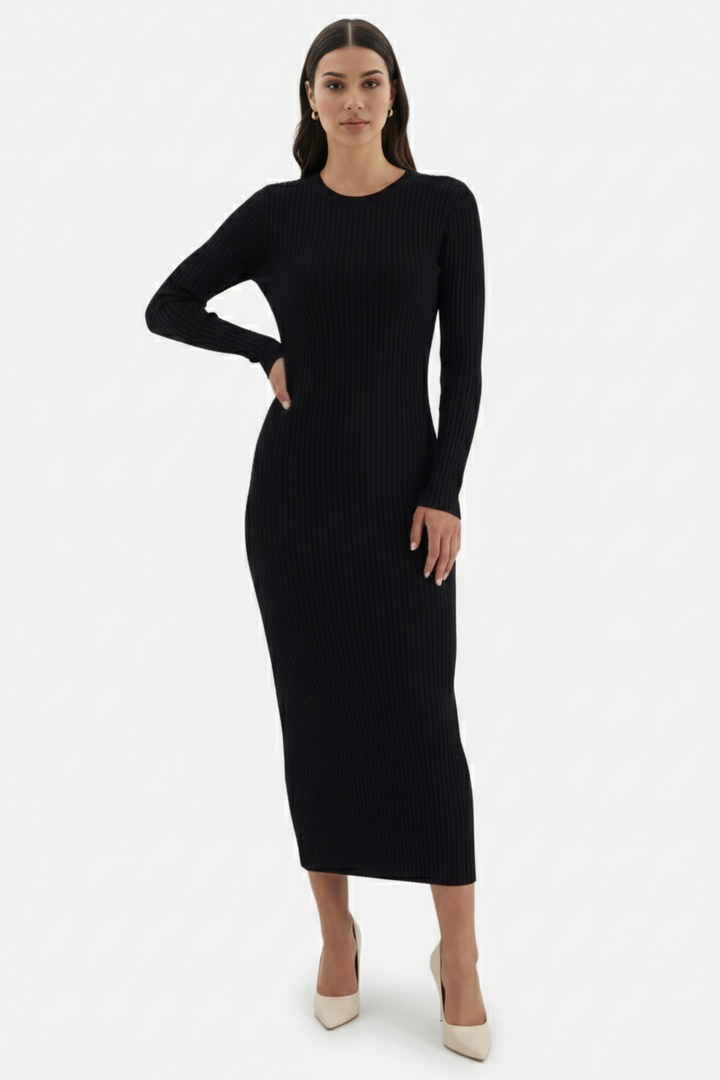 Bodycon Sweater Midi Dress Ribbed Knit Long Sleeve Crew Neck - Siopie