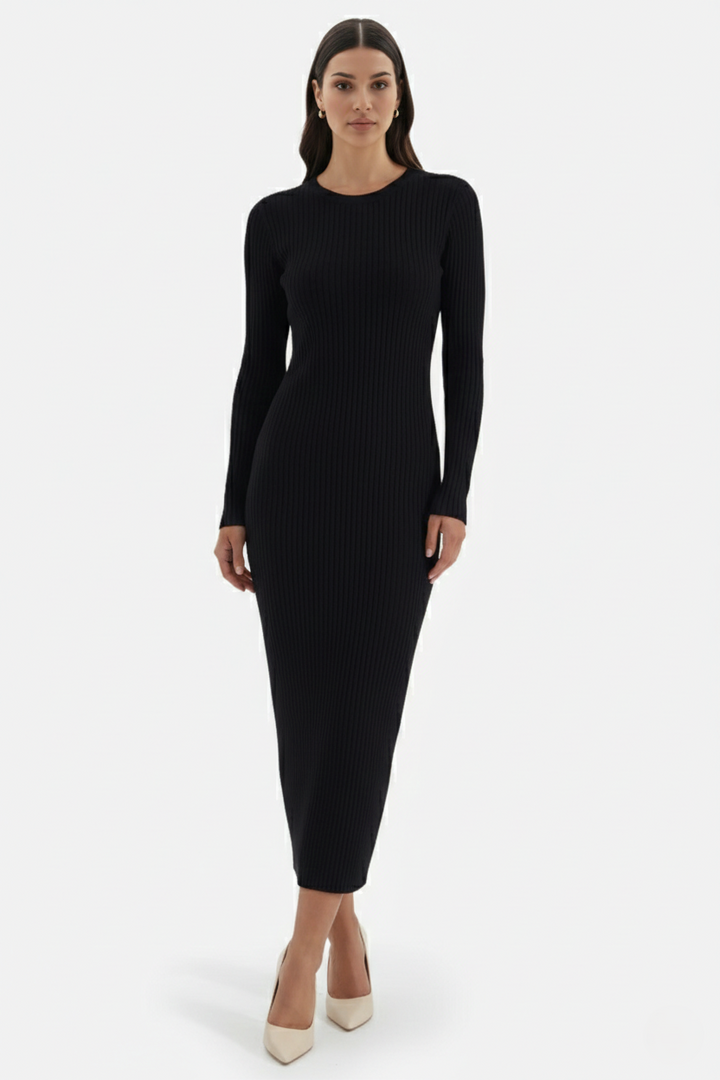 Bodycon Sweater Midi Dress Ribbed Knit Long Sleeve Crew Neck - Siopie