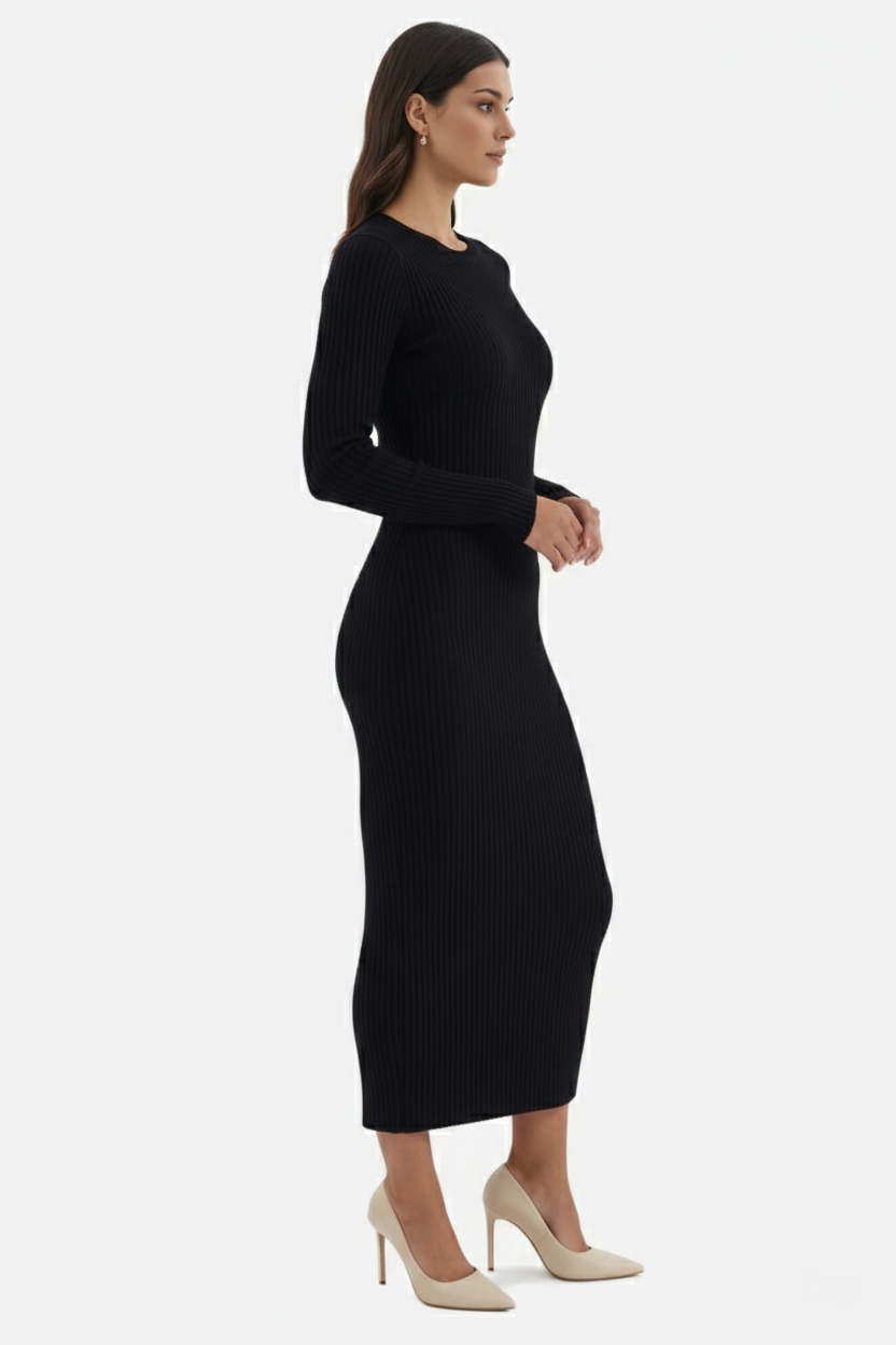 Bodycon Sweater Midi Dress Ribbed Knit Long Sleeve Crew Neck - Siopie