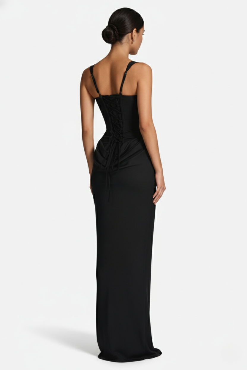 Bodycon Evening Dress With Draped Detail And Lace Up Back - Siopie