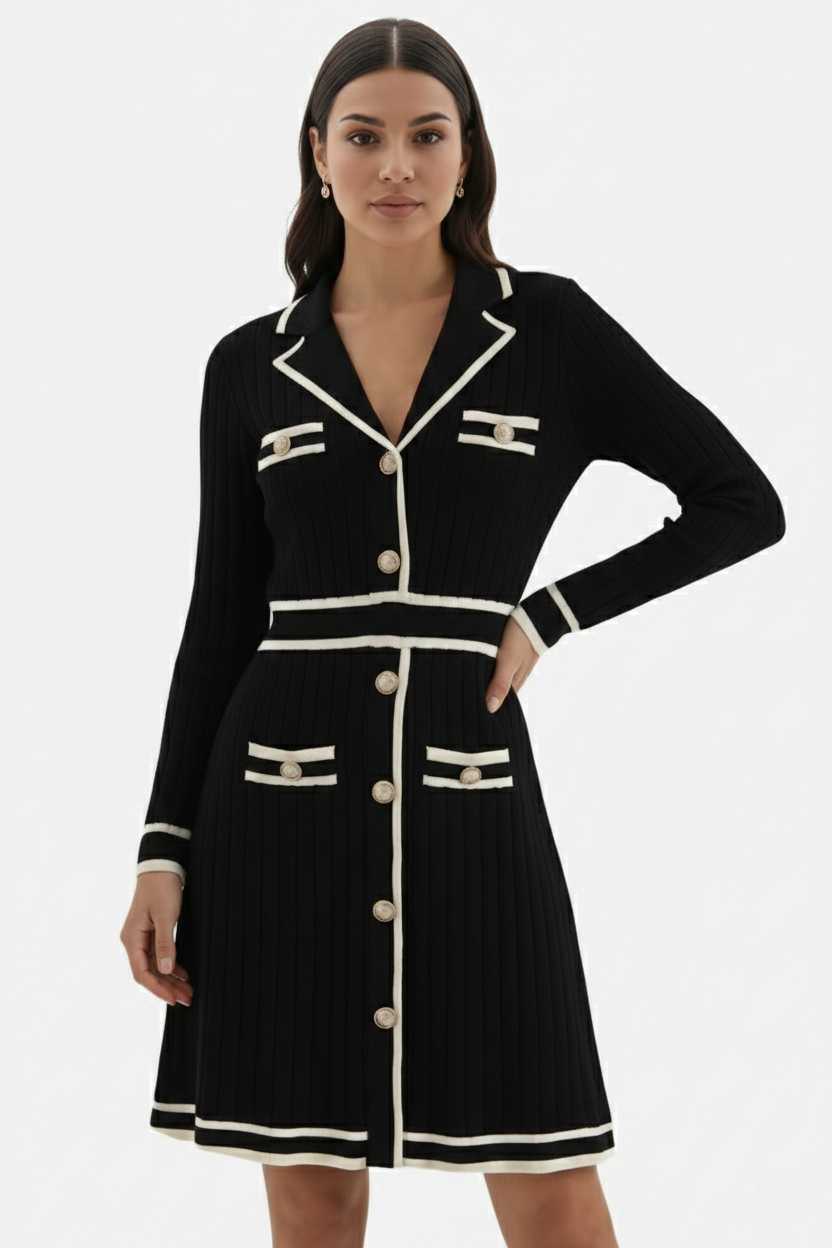 Contrast Trim Knit Cardigan Dress Long Sleeve Button Down with Metallic Buttons - Siopie
