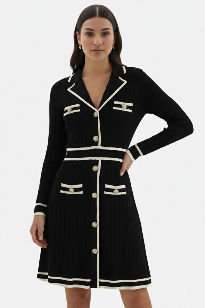 Contrast Trim Knit Cardigan Dress Long Sleeve Button Down with Metallic Buttons - Siopie