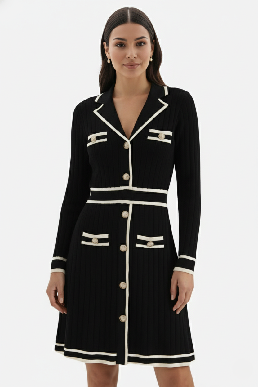 Contrast Trim Knit Cardigan Dress Long Sleeve Button Down with Metallic Buttons - Siopie