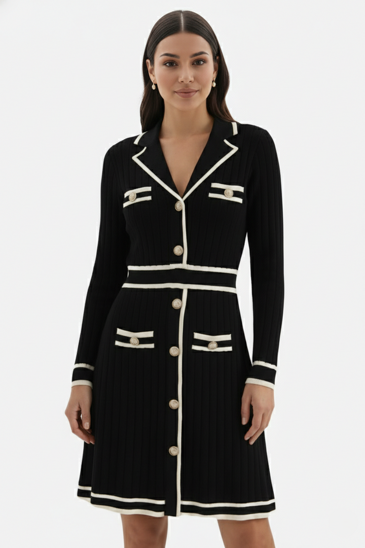 Contrast Trim Knit Cardigan Dress Long Sleeve Button Down with Metallic Buttons - Siopie