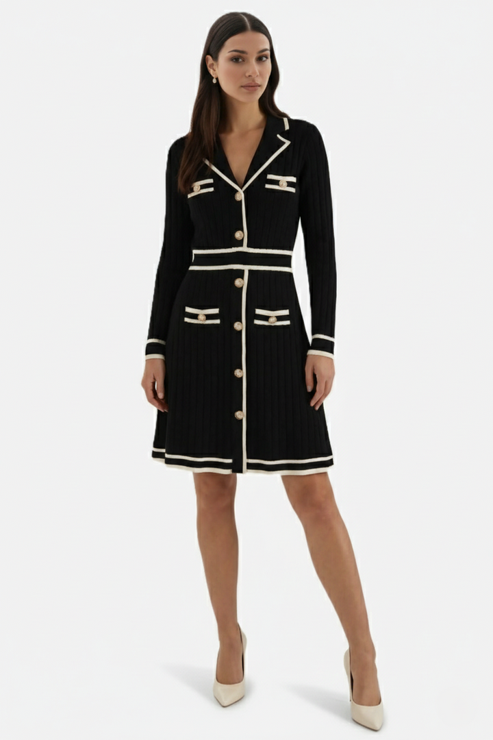 Contrast Trim Knit Cardigan Dress Long Sleeve Button Down with Metallic Buttons - Siopie
