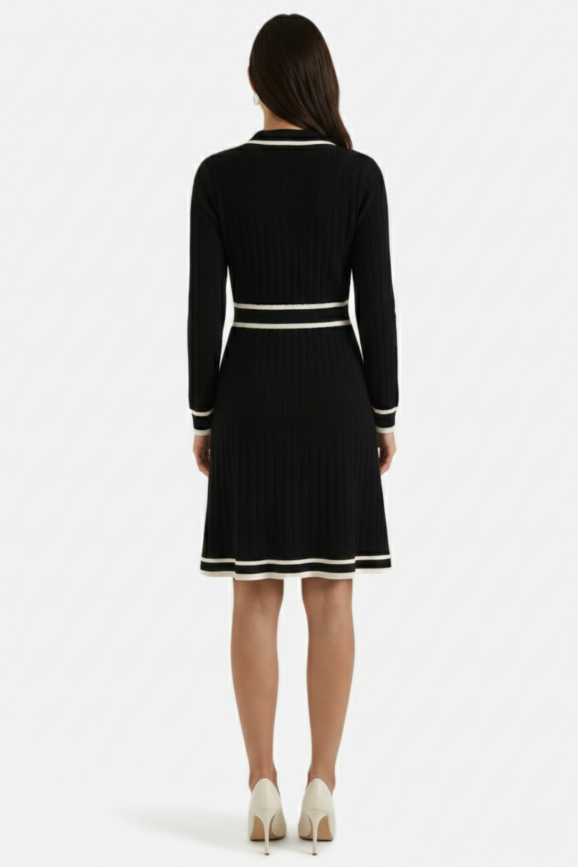 Contrast Trim Knit Cardigan Dress Long Sleeve Button Down with Metallic Buttons - Siopie