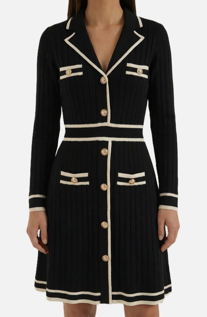 Contrast Trim Knit Cardigan Dress Long Sleeve Button Down with Metallic Buttons - Siopie