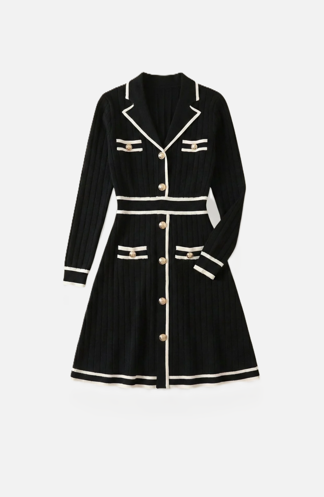 Contrast Trim Knit Cardigan Dress Long Sleeve Button Down with Metallic Buttons - Siopie