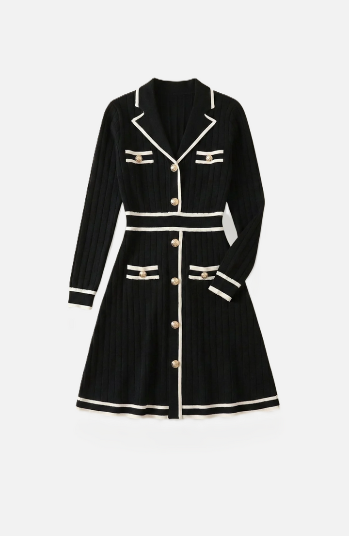 Contrast Trim Knit Cardigan Dress Long Sleeve Button Down with Metallic Buttons - Siopie