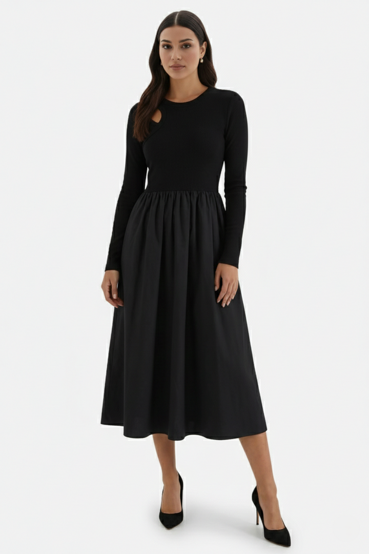 Midi Dress Mixed Media Shoulder Cutout Long Sleeve Fit and Flare - Siopie